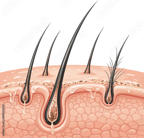 Create a realistic Oily Scalp and Clogged Follicles Causing Weak Hair. vector art with white background..