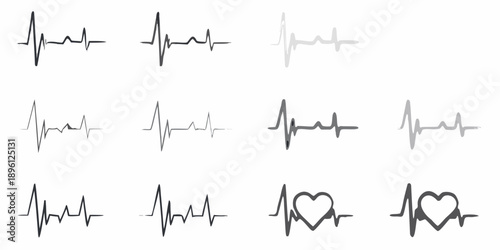 Arrangement of electrocardiogram waveforms and heart shapes on a white background