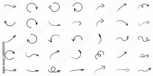 Collection of hand drawn circular and directional arrows on a white background