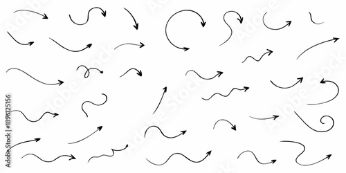 Collection of hand drawn black arrows and curved lines on white background