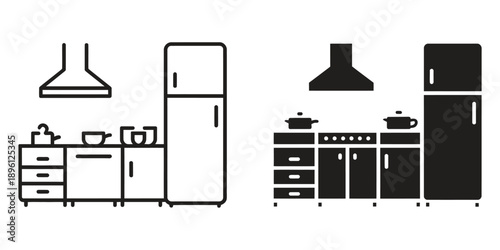 Kitchen cabinet icon illustrating household storage furniture, vector illustration with stroke and fill, modern kitchen design concept, interior elements, and clean minimal style isolated on white bac