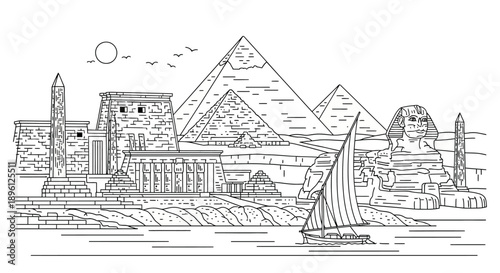Ancient Egypt, Pyramids and Sphinx, Nile River, Illustration, Desert Landscape, Side View, Cultural Heritage