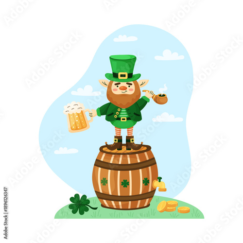 Square web banner for Saint Patricks Day. Cute leprechaun stands on beer barrel. Holiday greeting card. Hand drawn vector illustration.