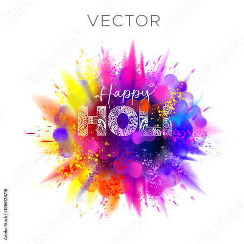 Explosion of colors with Happy Holi decorative typo. Vector illustration.
