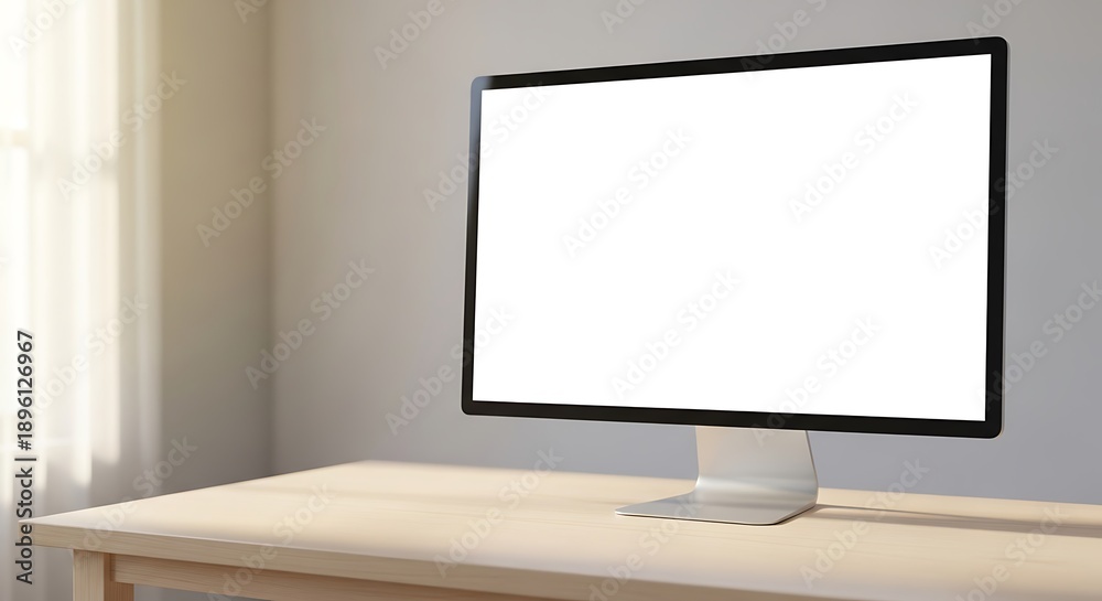Fototapeta premium Modern blank white computer screen on a light wooden desk, natural window light, soft shadows, home office, workspace, technology, clean design, minimalist, digital background