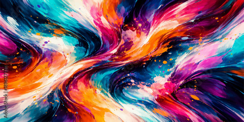 A dynamic psychedelic backdrop featuring a vibrant rainbow spectrum of swirling light and fractal motion creates a colorful abstract texture with space for a fantasy art illustration design