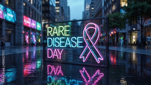 Rare Disease Day neon sign in city street at night with ribbon symbol for global healthcare awareness campaigns and medical community support