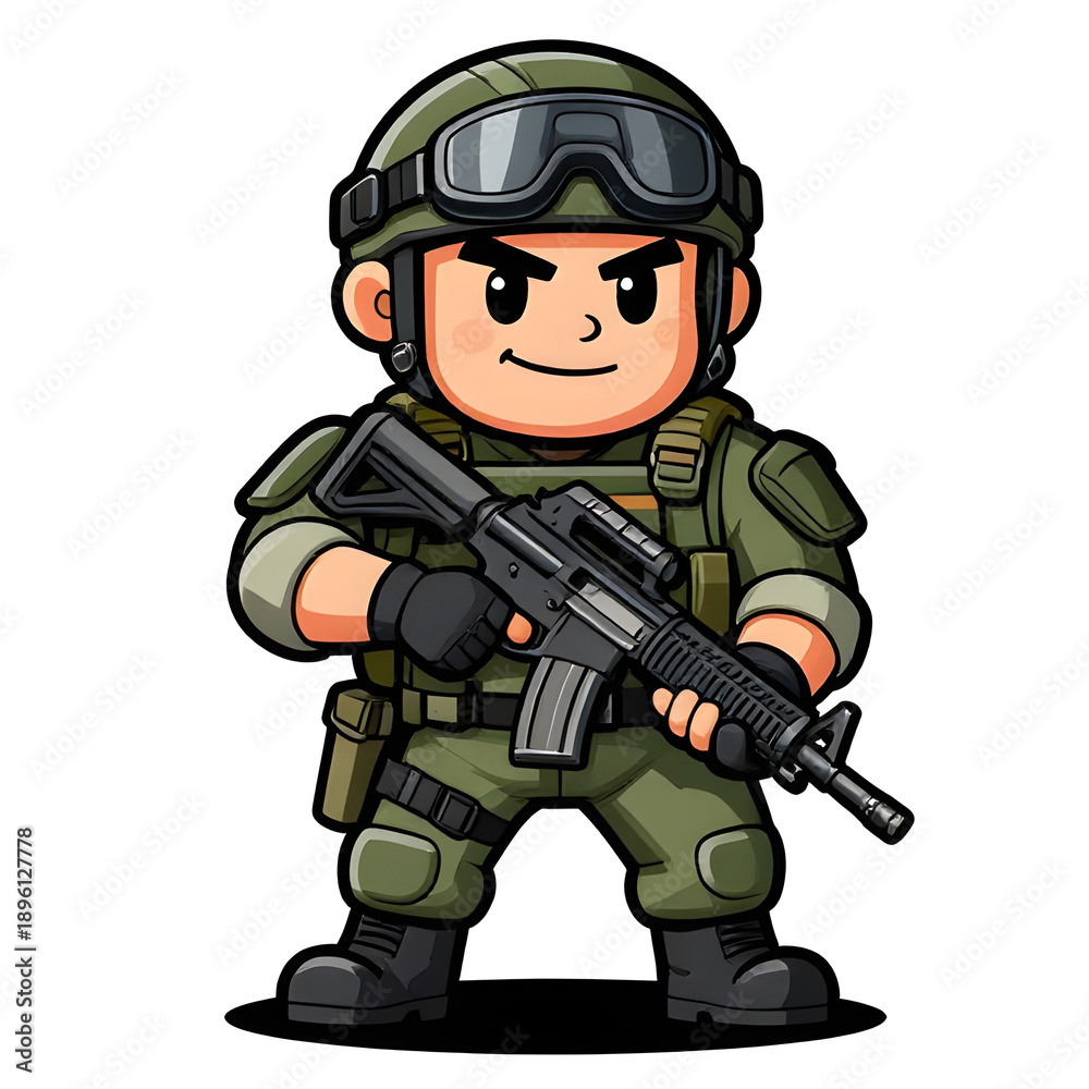 Obraz premium A sturdy special forces soldier with a combat weapon, fully equipped in special combat gear. Cartoon mascot, illustration, clean lines, flat design, modern, high quality
