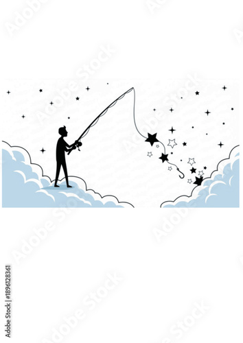 Surreal Silliness Silhouette Person Fishing for Stars on Cloud Whimsical Fantasy Vector