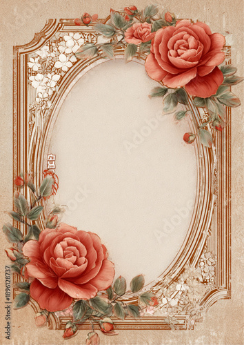 Romantic Vintage Rose Frame in Soft Pastel Red with Ornate Floral Detail