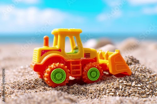 Colorful toy bulldozer moving sand on sunny beach playful video