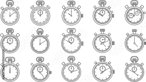 Collection of black and white line art stopwatch icons showing various times