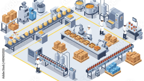 Modern food factory with automation and workers on production lines