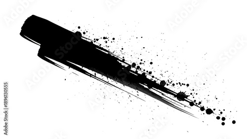 Dynamic black ink stroke with expressive paint splatter on white background.