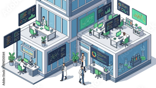 Scientists working in a modern research laboratory conducting data analysis and experiments.