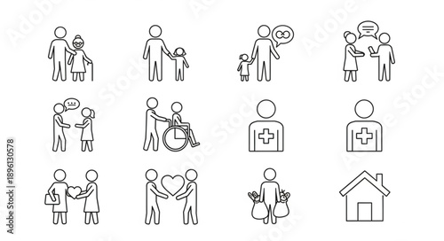 Collection of simple line art icons representing human connection and care.