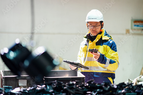 Foto Worker works with electronic devices in workshop