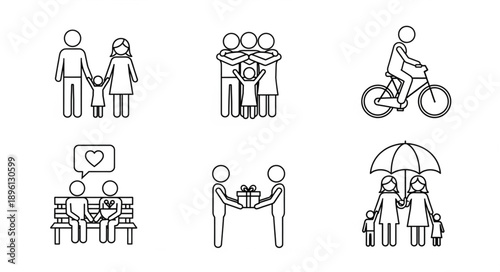 Collection of Simple Line Art Icons Representing Family Life and Relationships.