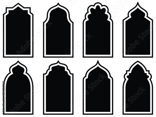 Islamic Arch Window and Door Shapes Set, Arabic Arabesque Frame Templates, Mosque Gate Arabic Frame, Ramadan Kareem Vector Illustration