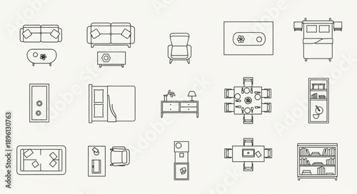 Collection of hand drawn architectural furniture symbols for interior design plans.