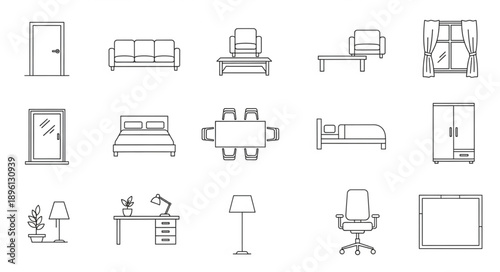 Collection of hand drawn furniture and home decor icons.