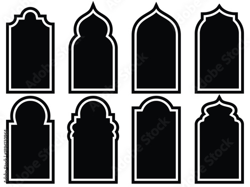 Islamic Arch Window and Door Shapes Set, Arabic Arabesque Frame Templates, Mosque Gate Arabic Frame, Ramadan Kareem Vector Illustration