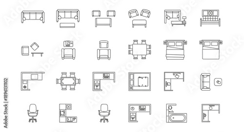 Collection of Hand Drawn Furniture Icons for Interior Design.