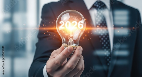 Future business vision 06 concept, Closeup Businessman Hand holding glowing light bulb with year 06, symbolizing innovation, new ideas, and long term strategic goals.