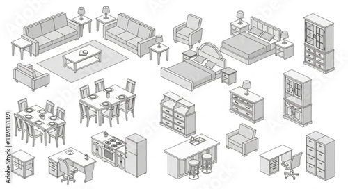 Collection of Hand Drawn Furniture Items in Isometric View.