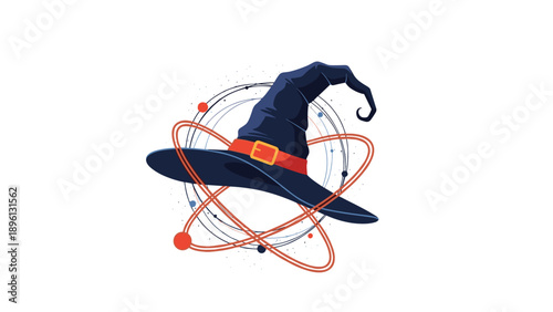 Witches hat surrounded by magic orbits and glowing stars for halloween fantasy and wizardry theme party invitations or decoration.