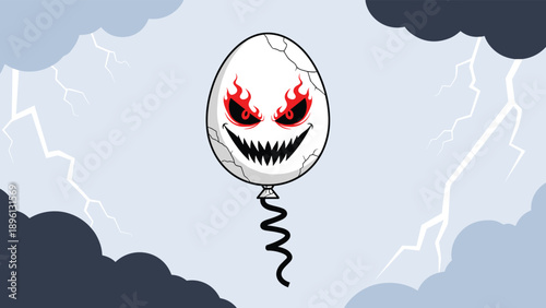 Creepy white balloon with evil monster face floating during lightning storm in dark clouds for halloween horror and scary themes.