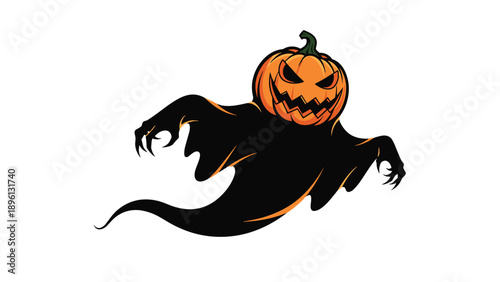 Scary Halloween ghost with a carved pumpkin head flying through the air with tattered black robes on white background.