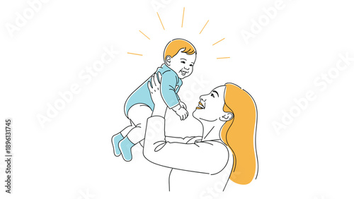 Joyful illustration of a happy mother lifting her smiling baby up in the air with radiating light effect.
