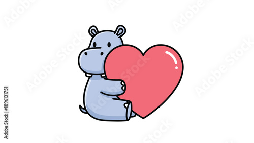 Cute cartoon hippopotamus sitting on the floor and hugging a large pink heart in a sweet expression of love for kids.