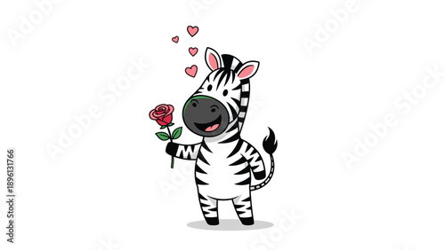 Adorable cartoon zebra holding a single red rose with tiny floating hearts above its head in love on white ground.