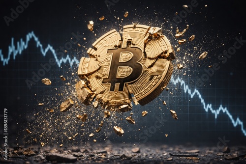 Exploding bitcoin coin with falling chart in background symbolizing crash. Ai generative