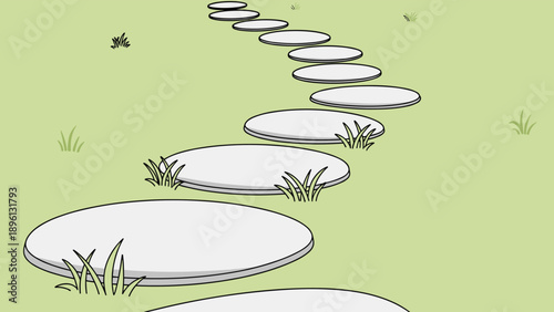 Garden stepping stones path made of gray slabs winding through a green lawn with small grass tufts in the backyard.