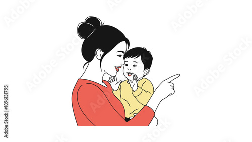 Loving mother holding her young child who is pointing at something interesting represents parenthood and the joy of early childhood discovery.