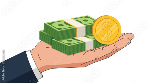 Outstretched hand holding stacks of green bills and a large gold coin symbolizes earning, giving, or the management of personal wealth.