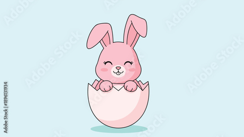 Cute pink Easter bunny character sitting inside a cracked eggshell on a light blue background for holiday celebrations.