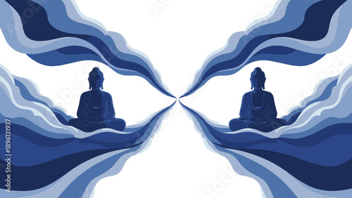 Two symmetrical Buddha silhouettes sitting in meditation on flowing clouds evoke a sense of spiritual peace, balance, and enlightenment.