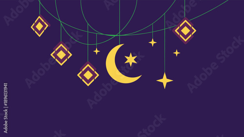 Ramadan Kareem background with a yellow crescent moon, stars, and traditional hanging lanterns on a dark purple sky background.