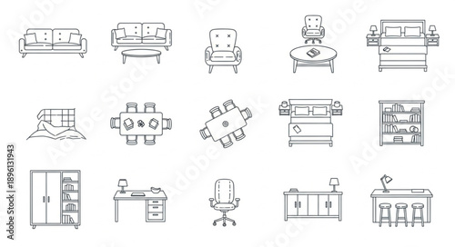 Collection of hand-drawn furniture icons for interior design planning.