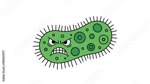 Grumpy green germ or bacteria character with big eyes and a scowling face shown in a simple vector illustration style.