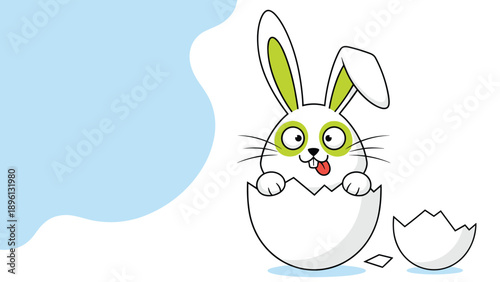Silly white rabbit with its tongue out sitting inside a cracked eggshell next to an empty blue space for your custom text.