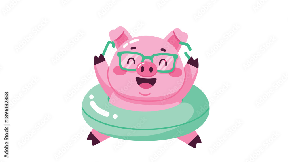 Naklejka premium Happy pink pig wearing green glasses and relaxing inside a light green inner tube, perfect for summer vacation or fun character art.