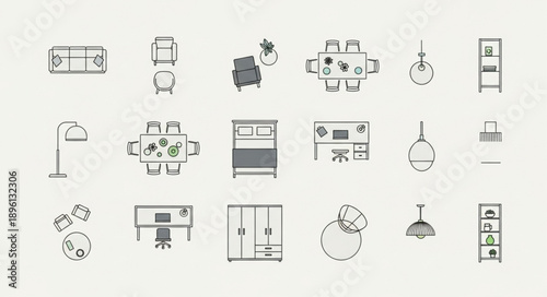 Collection of hand-drawn interior design furniture and decor elements.
