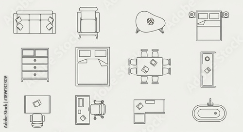 Collection of hand-drawn interior design furniture floor plan icons.