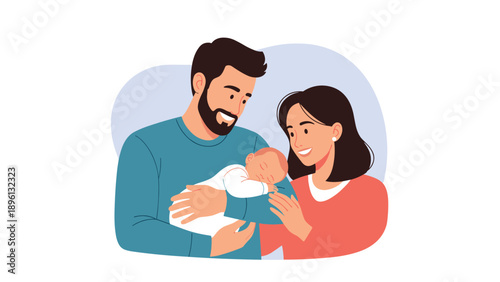 Happy family illustration showing a young father and mother lovingly holding their newborn baby wrapped in a white blanket.