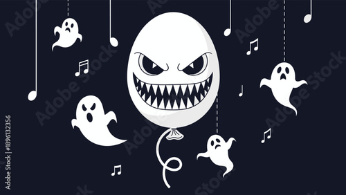 Spooky Halloween illustration featuring a giant scary balloon face surrounded by floating ghosts and musical notes on dark background.